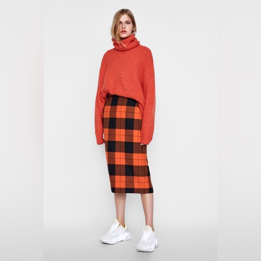 Zara Vibrant Orange and Black Plaid Pencil Skirt with Back Slit